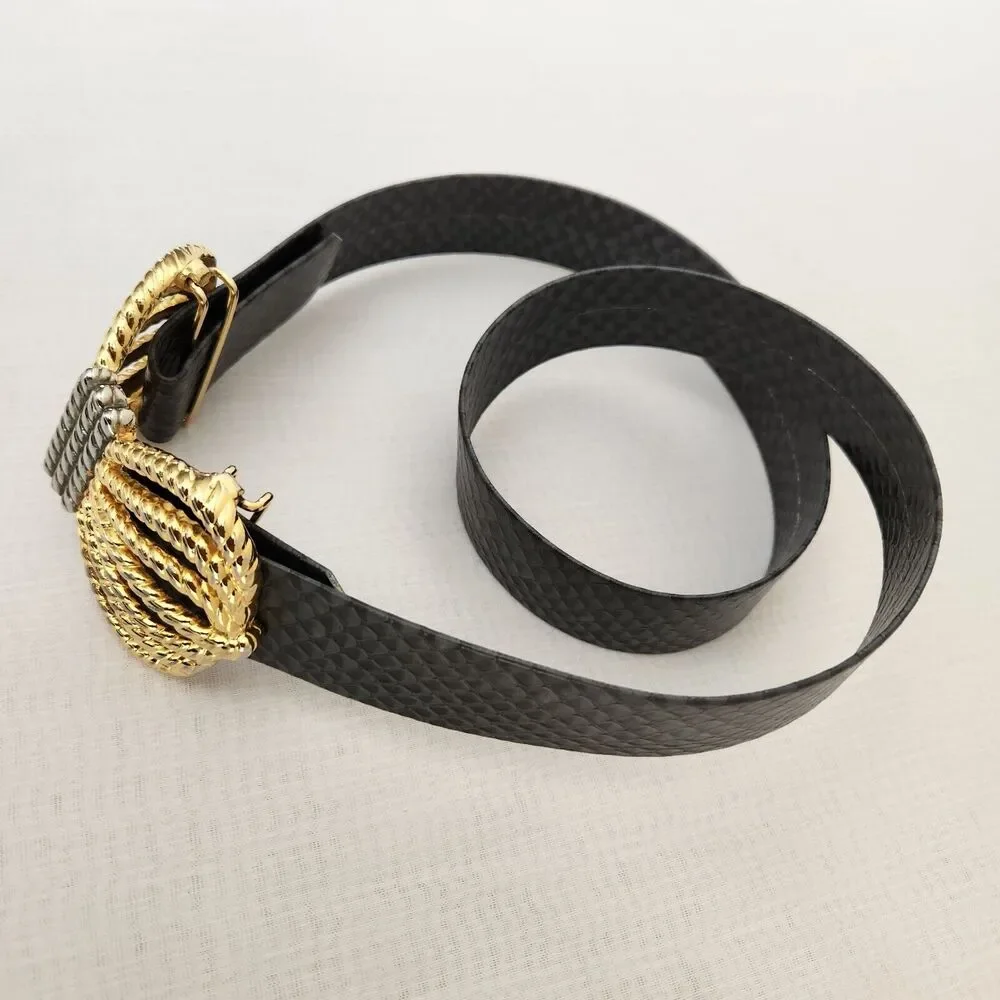 Women's Belt Gray Faux Snakeskin Removable Belt Gold Silver Crown Hook Buckle